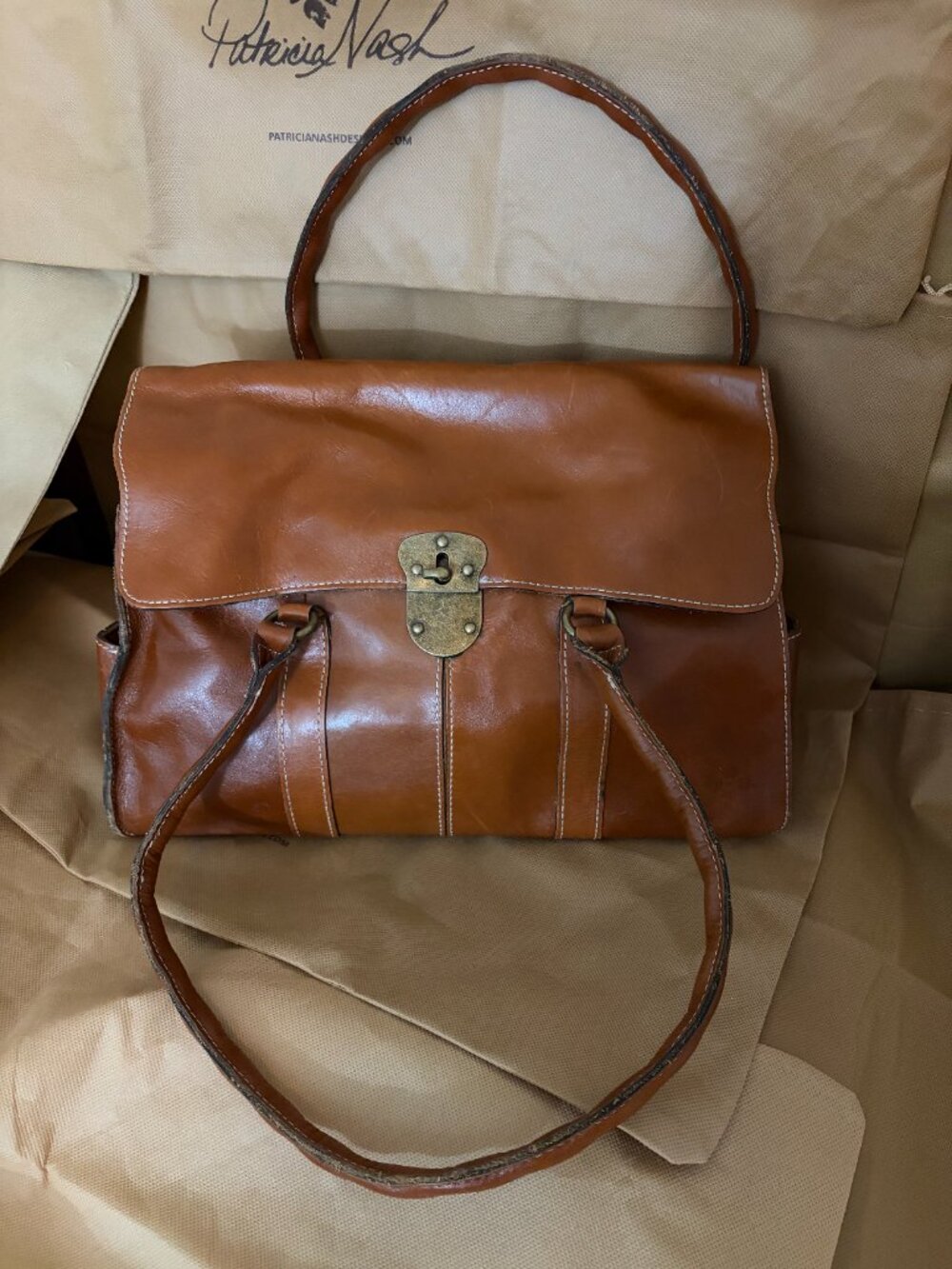 Patricia Nash Vienna Satchel Genuine Leather Handbag Top Handle in Cognac